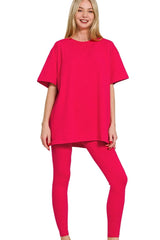 Zenana Cotton Round Neck Top & Legging Set - kinko
