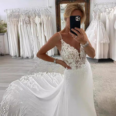 Strap Fishtail Wedding Dress Bridal Slim Satin Lace Dress - kinko