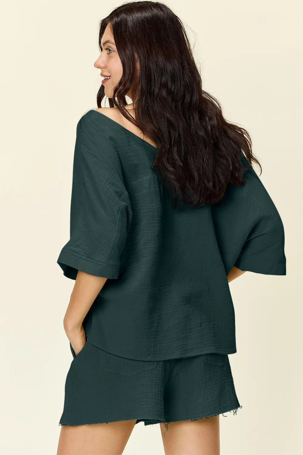 Double Take Texture Half Sleeve T-Shirt and Drawstring Shorts Set - kinko