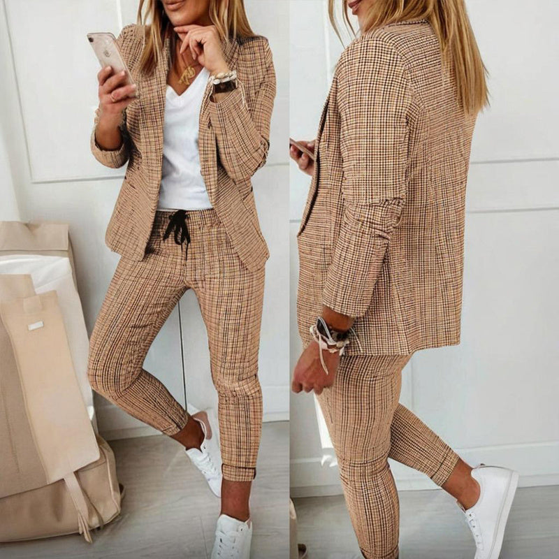 Women's Solid Color Plaid Long Sleeve Suit Two-piece Set With Pockets & Drawstring Waist Office Wear For Spring&Fall - kinko