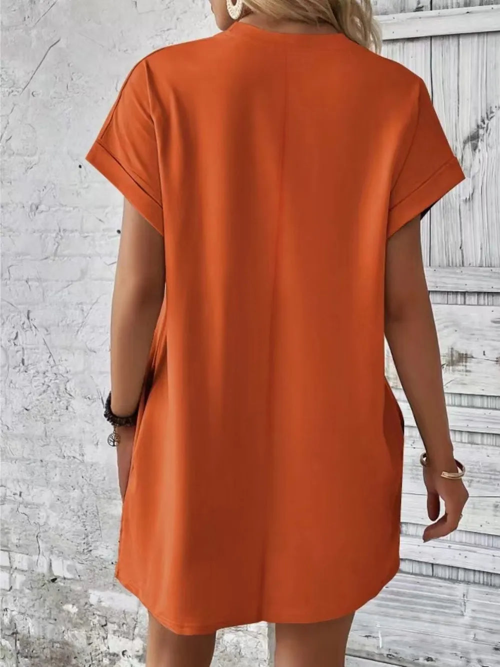 Pocketed Round Neck Short Sleeve Dress - kinko