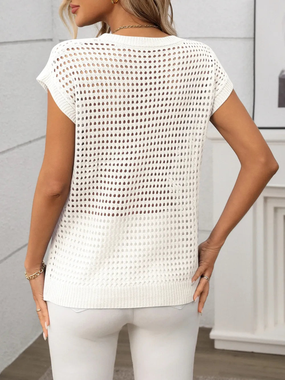 Openwork Round Neck Short Sleeve Knit Cover Up - kinko