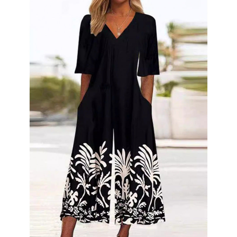 Spring And Summer Print Women's Pocket Collar Jumpsuit - kinko