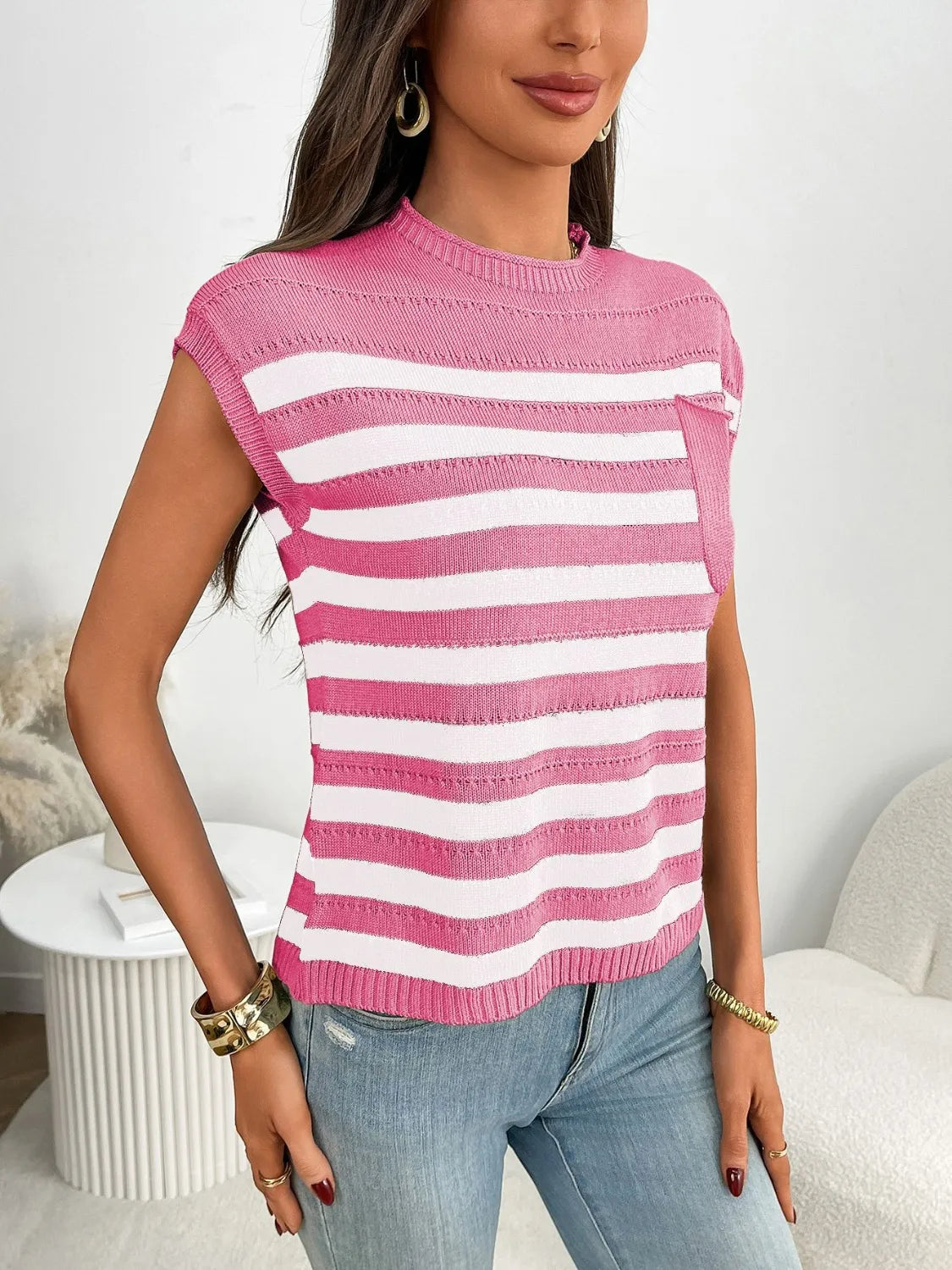 Striped Mock Neck Cap Sleeve Knit Top - kinko