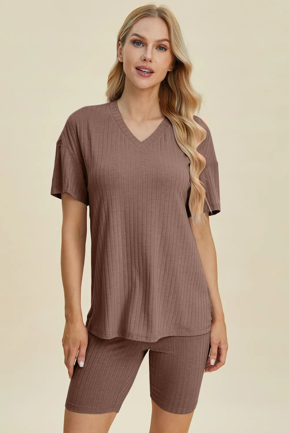 Basic Bae Full Size Ribbed V-Neck Short Sleeve Top and Shorts Set - kinko