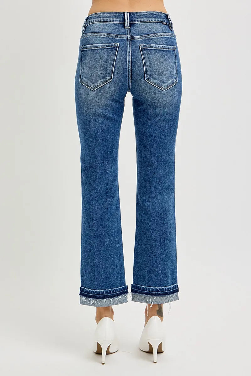 RISEN Mid Rise Ankle Straight Cuffed Jeans - kinko
