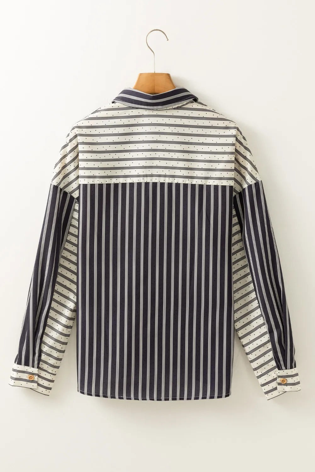 Black Stripe 2-tone Patchwork Half Buttons Chest Pockets Casual Blouse - kinko