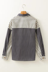 Black Stripe 2-tone Patchwork Half Buttons Chest Pockets Casual Blouse - kinko