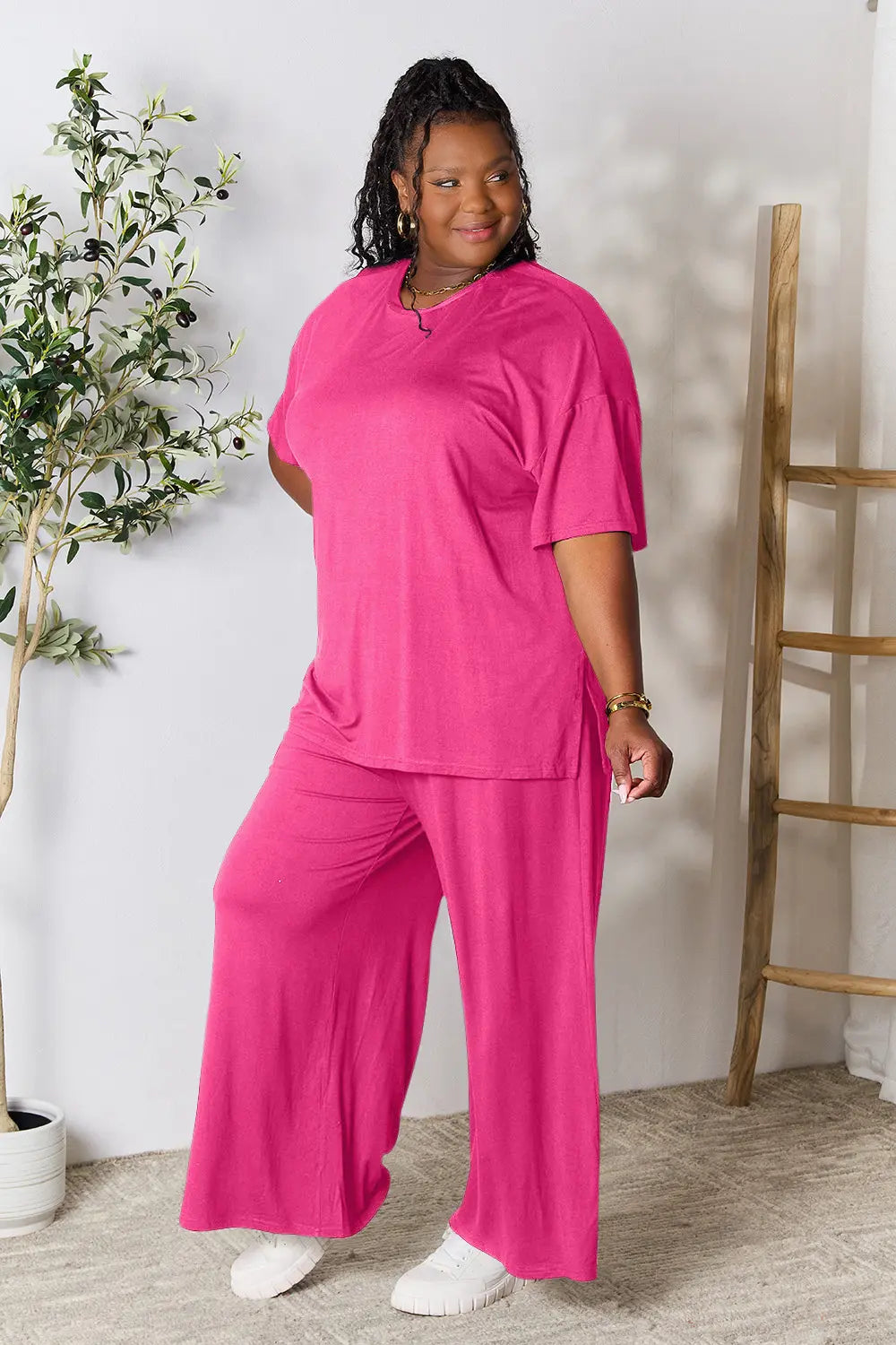 Double Take Full Size Round Neck Slit Top and Pants Set - kinko