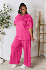 Double Take Full Size Round Neck Slit Top and Pants Set - kinko