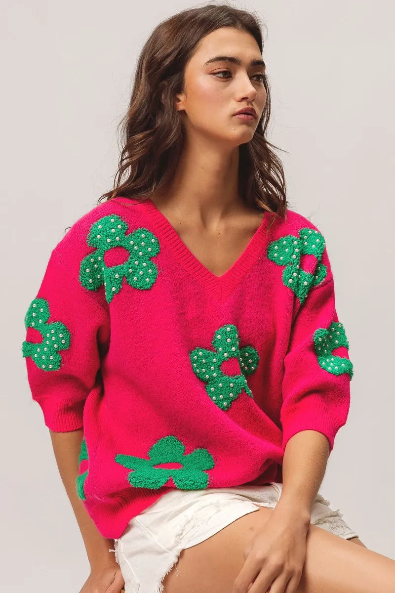 BiBi Pearl Beads Flowers Sweater Top - kinko