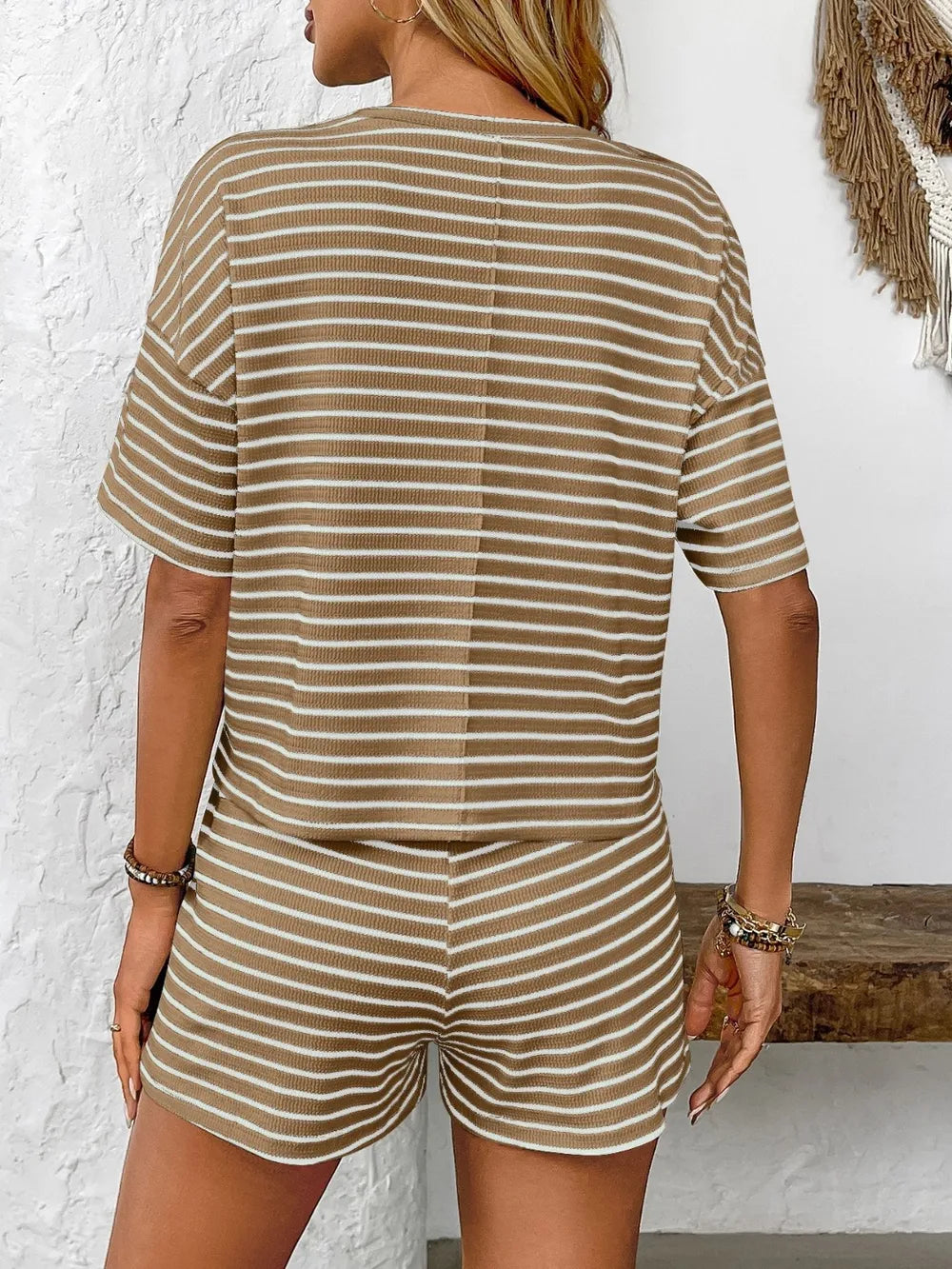 Striped Round Neck Short Sleeve Top and Shorts Set - kinko