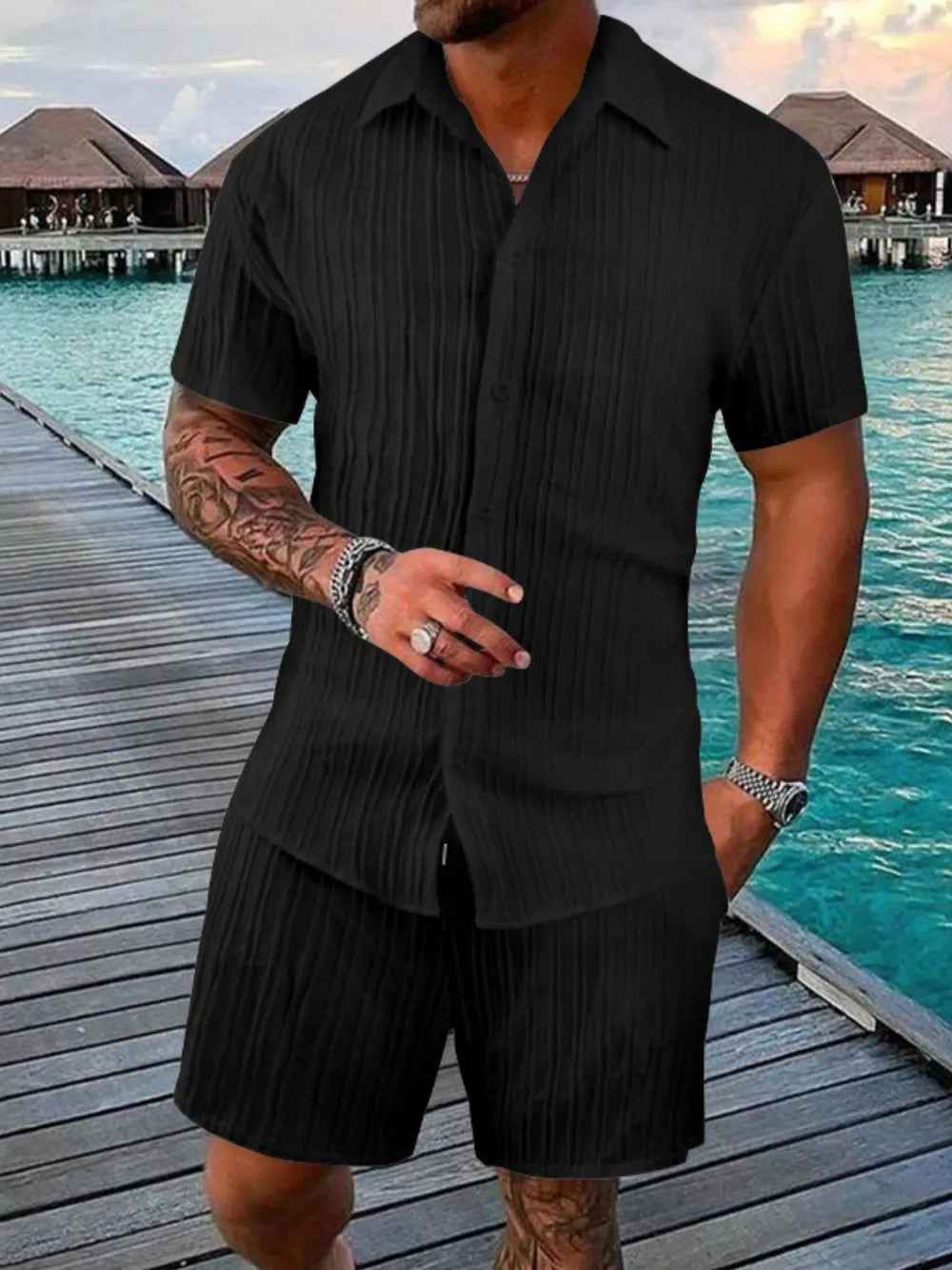 Men's Full Size Button Down Short Sleeve Shirt and Shorts Set Plus Size - kinko