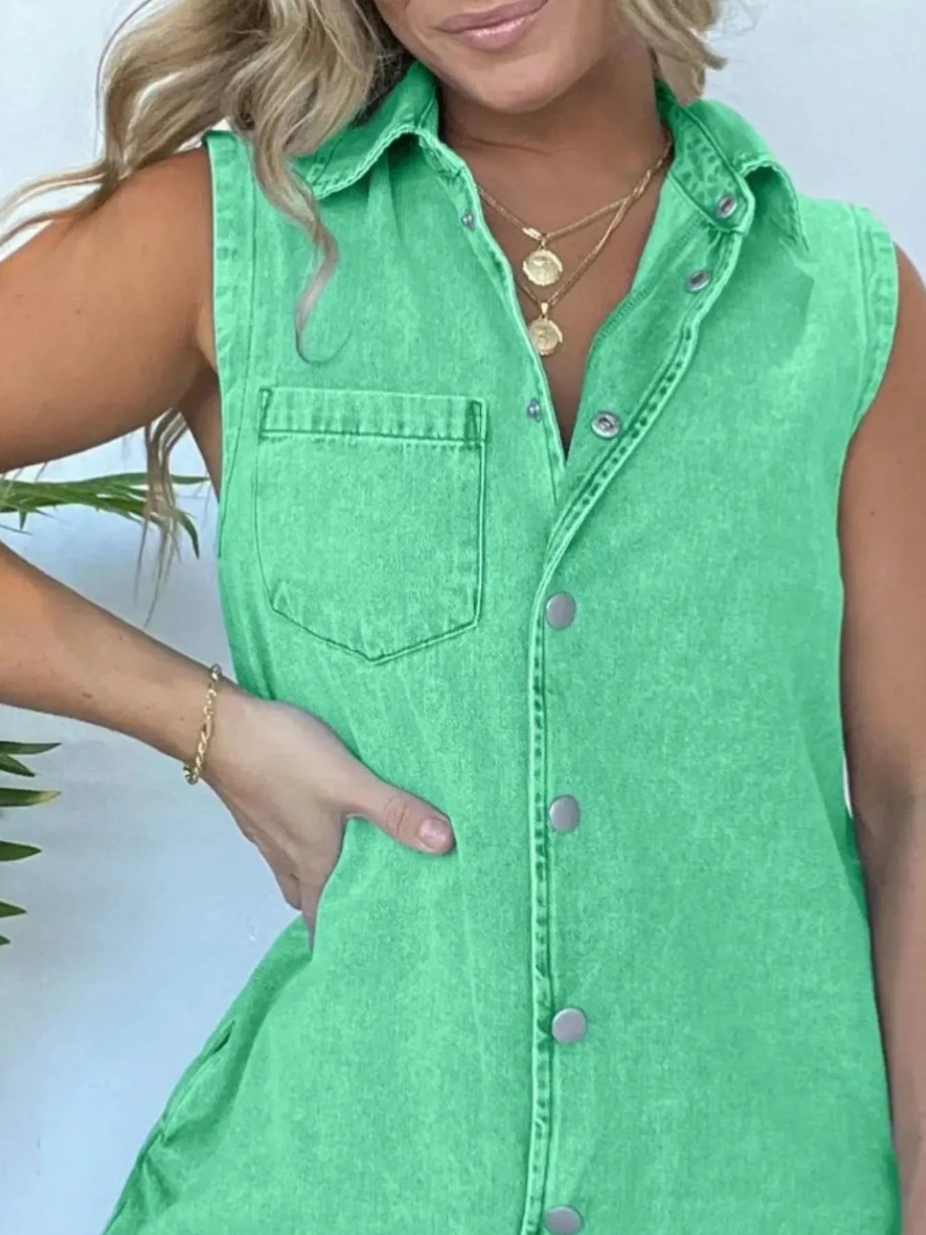Button Front Sleeveless Denim Romper - kinko