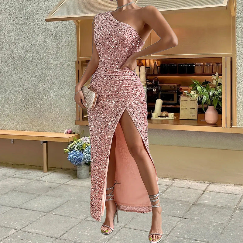 Sexy Sequined Shoulder Sleeping Beauty Split Solid Color Dress - kinko