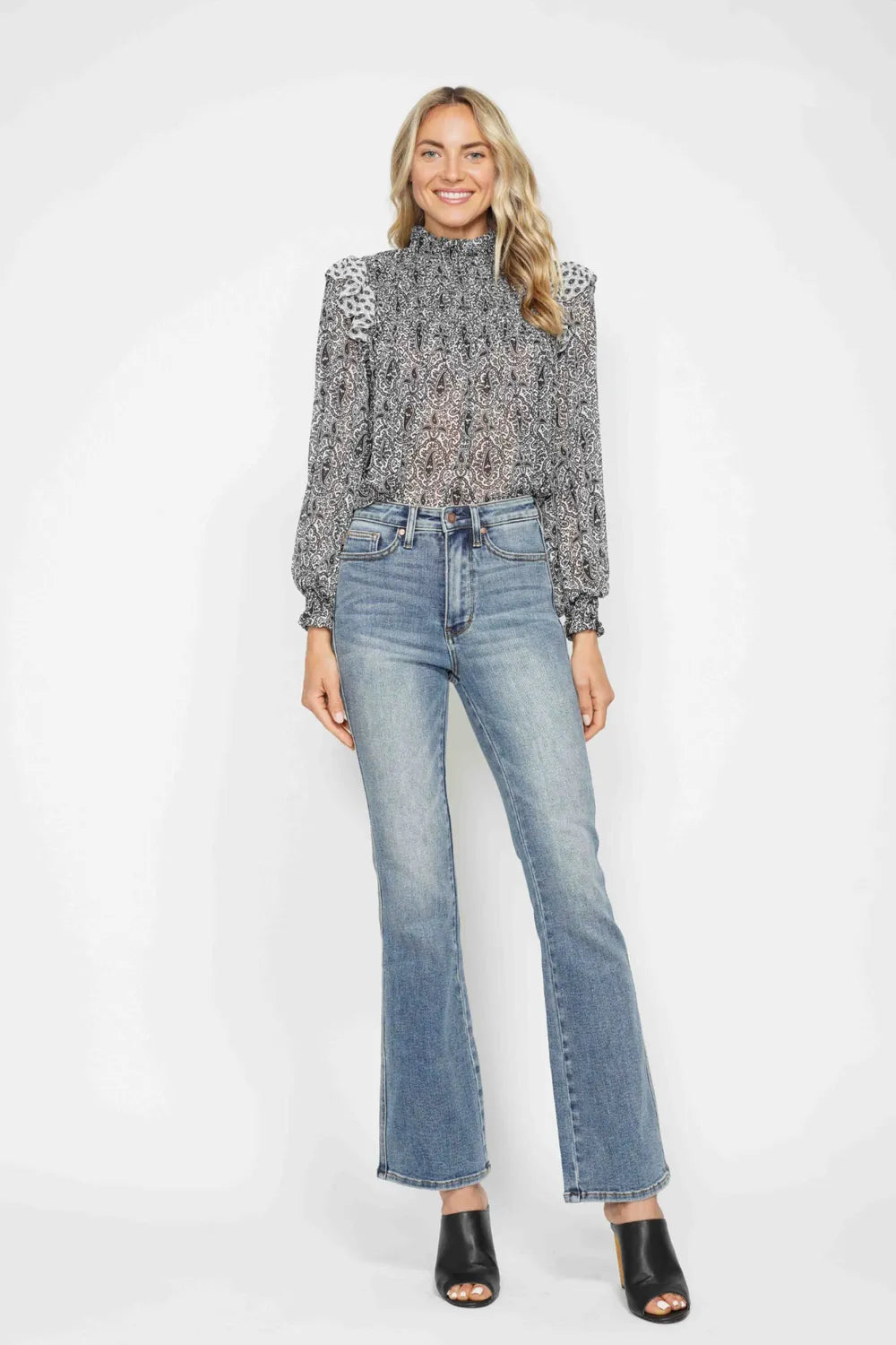 Judy Blue Full Size Tummy Control Back Embroidered Pocketed Bootcut Jeans Plus Size - kinko