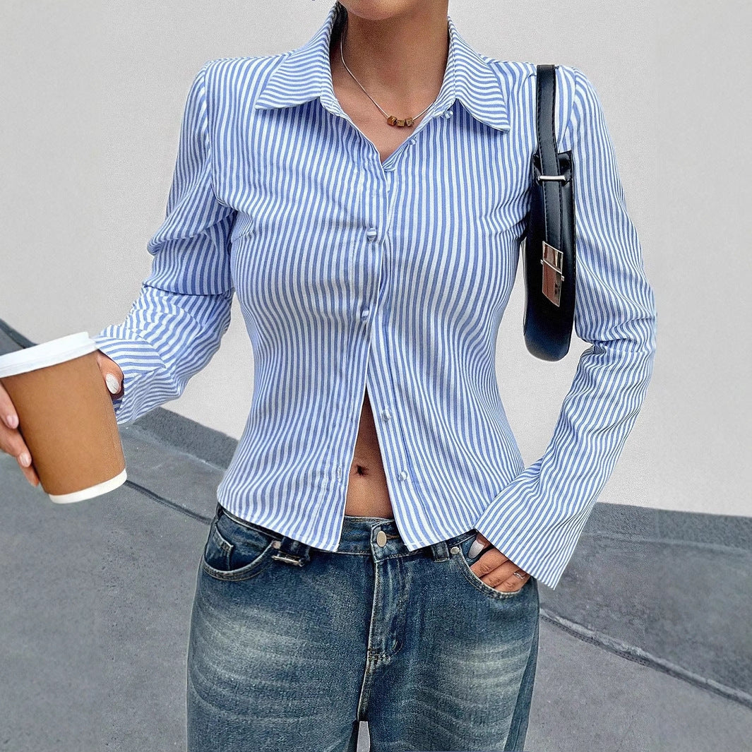 Fashion Casual All-match V-neck Striped Long Sleeve Shirt Top - kinko