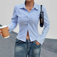 Fashion Casual All-match V-neck Striped Long Sleeve Shirt Top - kinko
