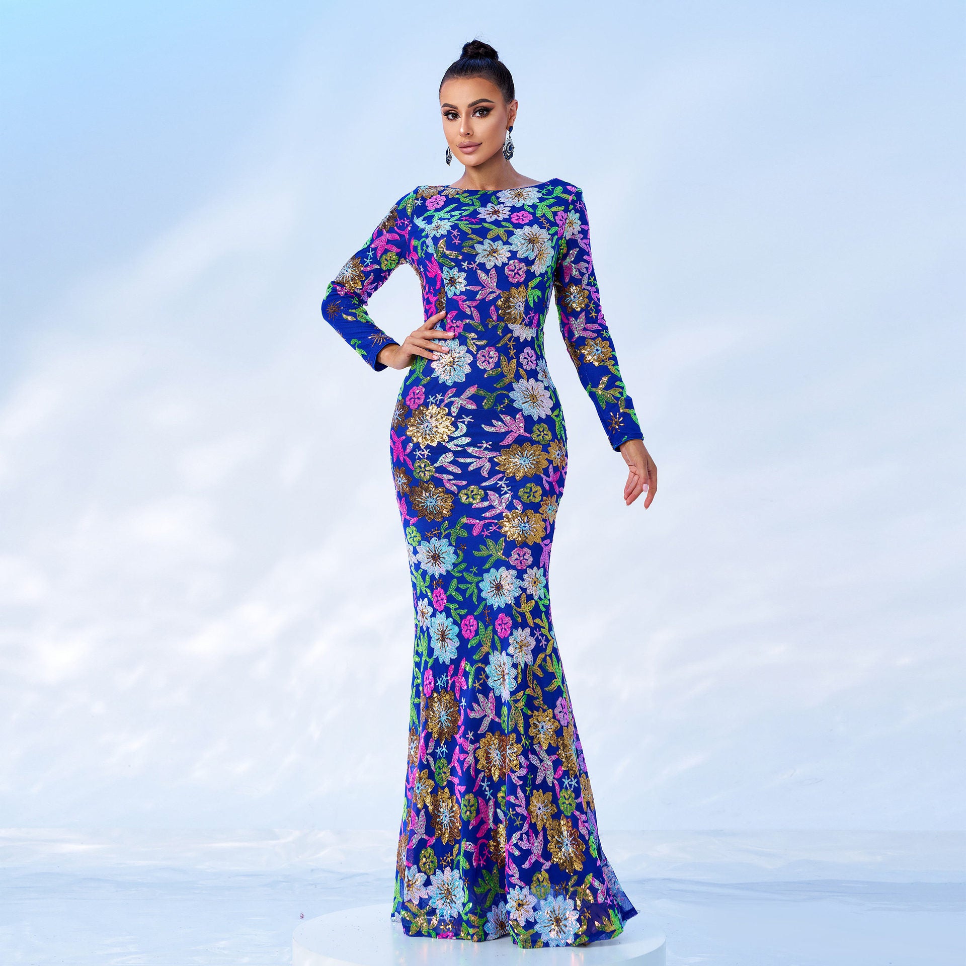 Evening Gown Long Sleeve Temperament Crew Neck Long Sequined Banquet Bridesmaid Dress - kinko