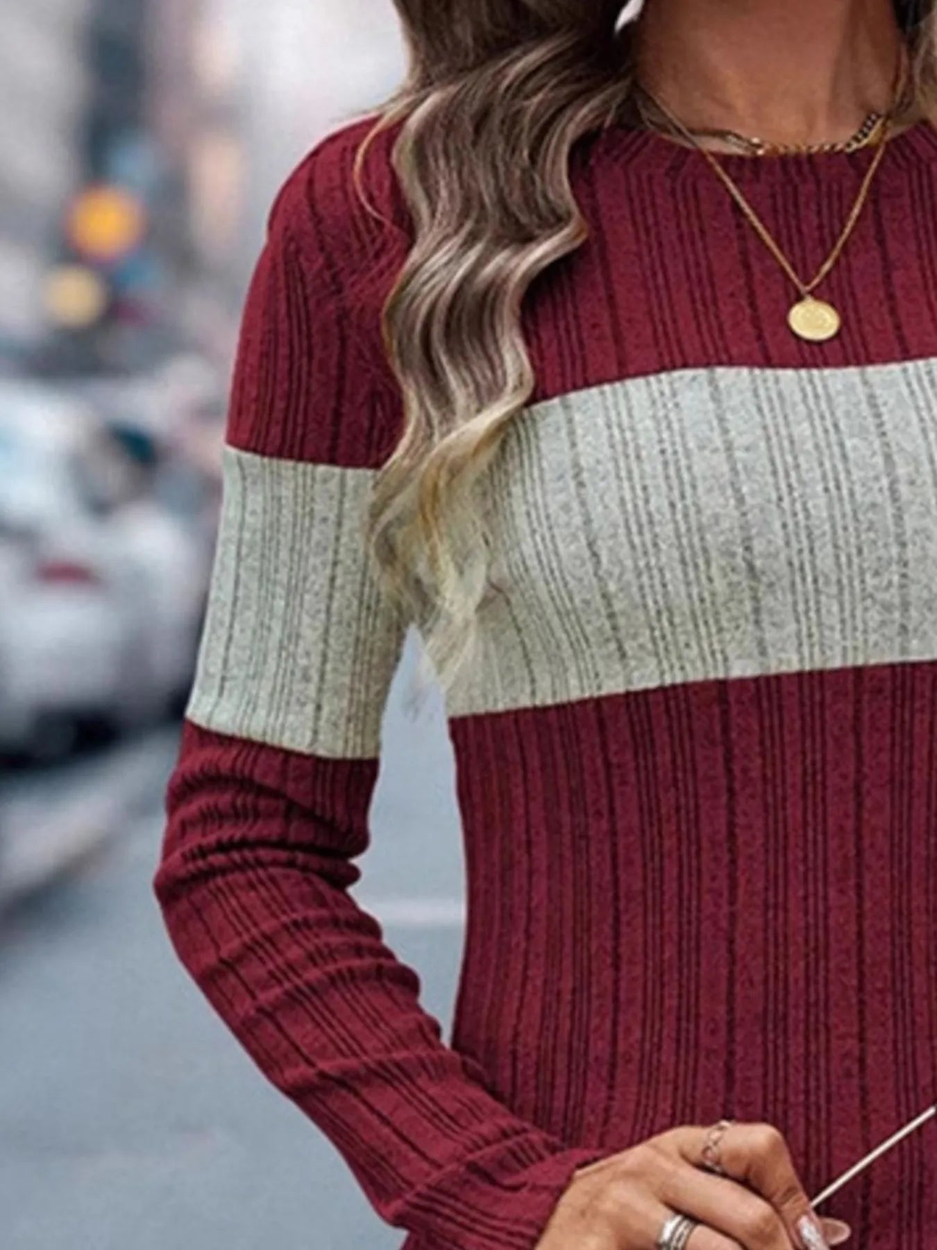 Color Block Round Neck Long Sleeve Sweater - kinko