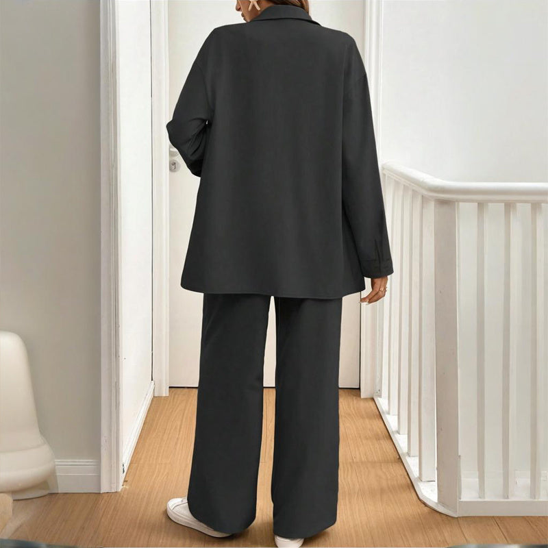 Women's Solid Color Shirt & Pants Set - Long Sleeve Button-Down Top With Elastic Waist Straight Pants Minimalist Casual Outfit - kinko