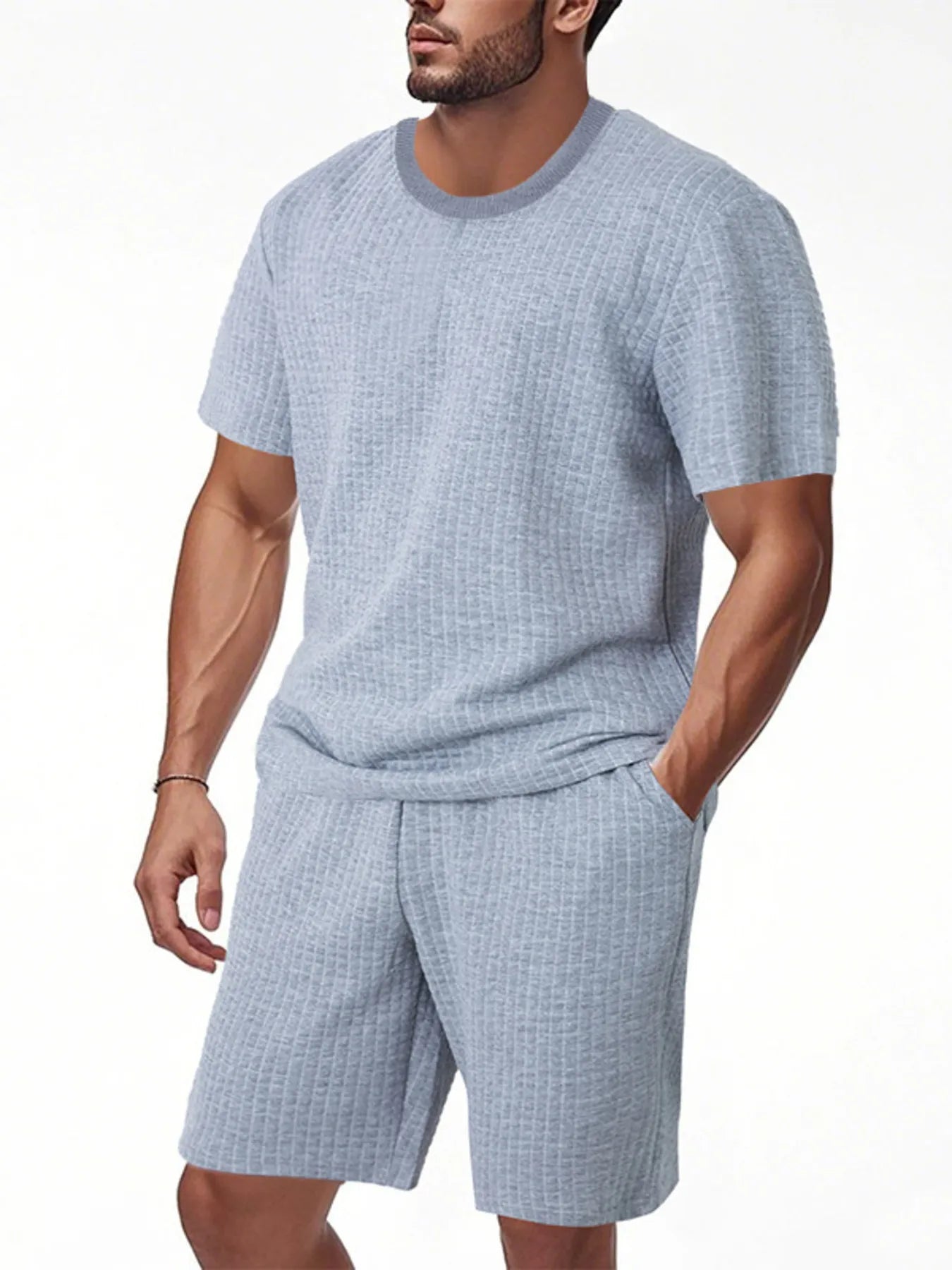 Men's Full Size Textured Round Neck Top and Shorts Set Plus SIze - kinko