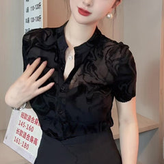 New Summer Black Mesh Short Sleeve Shirt For Women - kinko
