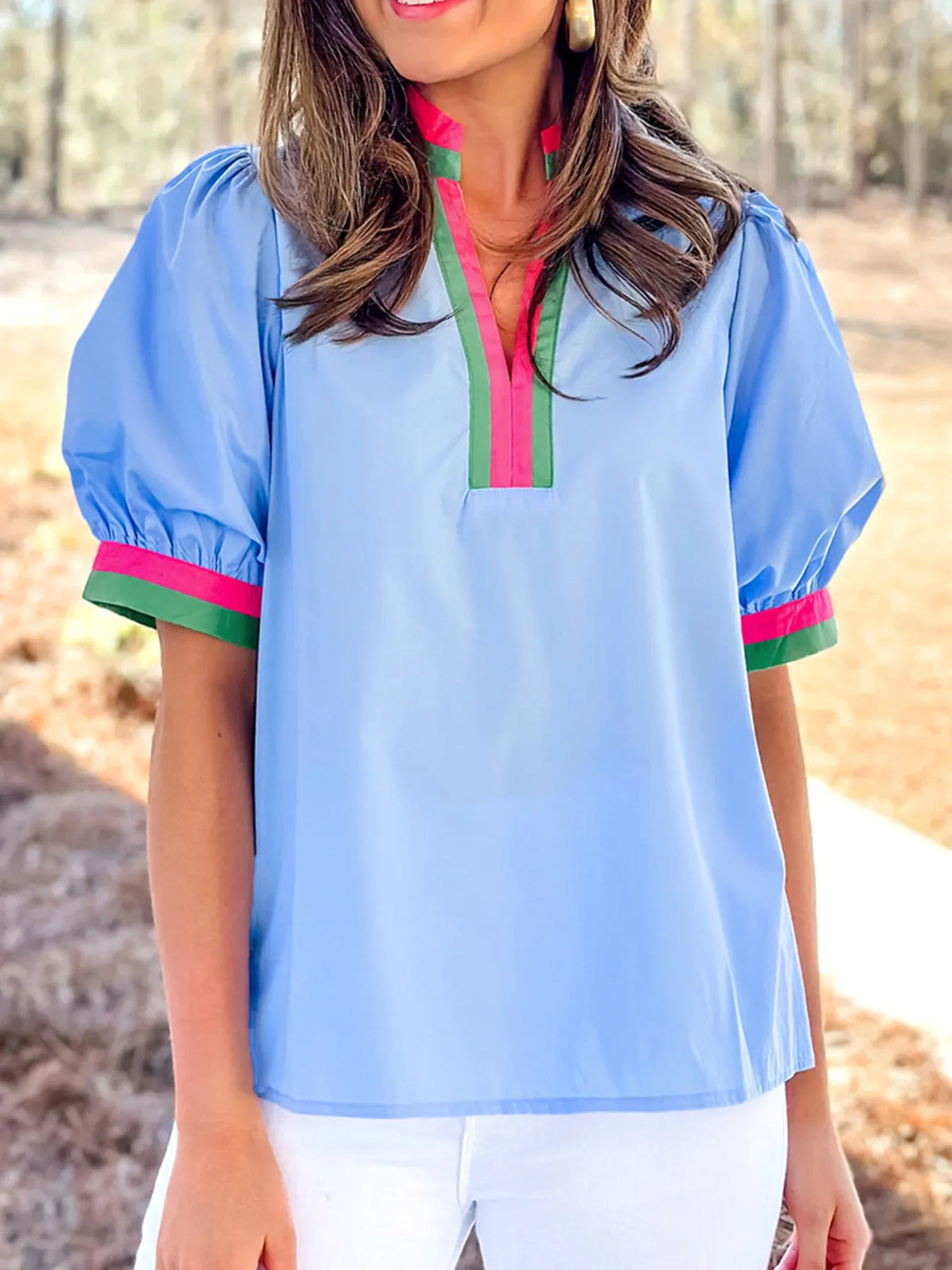 Contrast Trim Notched Short Sleeve Blouse - kinko