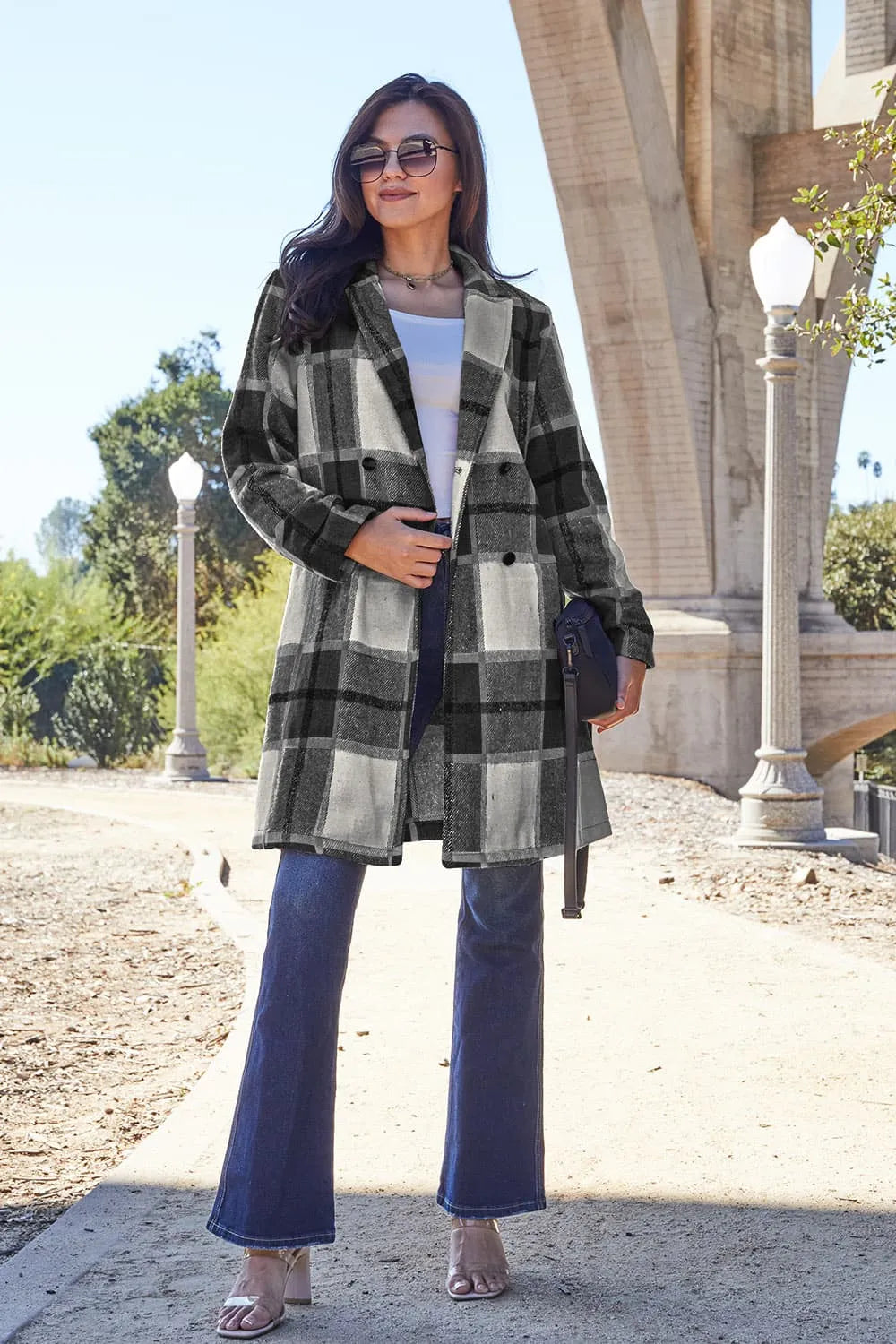 Double Take Full Size Plaid Button Up Lapel Collar Coat - kinko