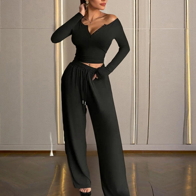 Women's Solid Color Fall&Winter Pants Set - Sexy V-Neck Button-Up Fitted Long Sleeve T-Shirt & High-Waist Flared Wide-Leg Stretchy Pants - kinko
