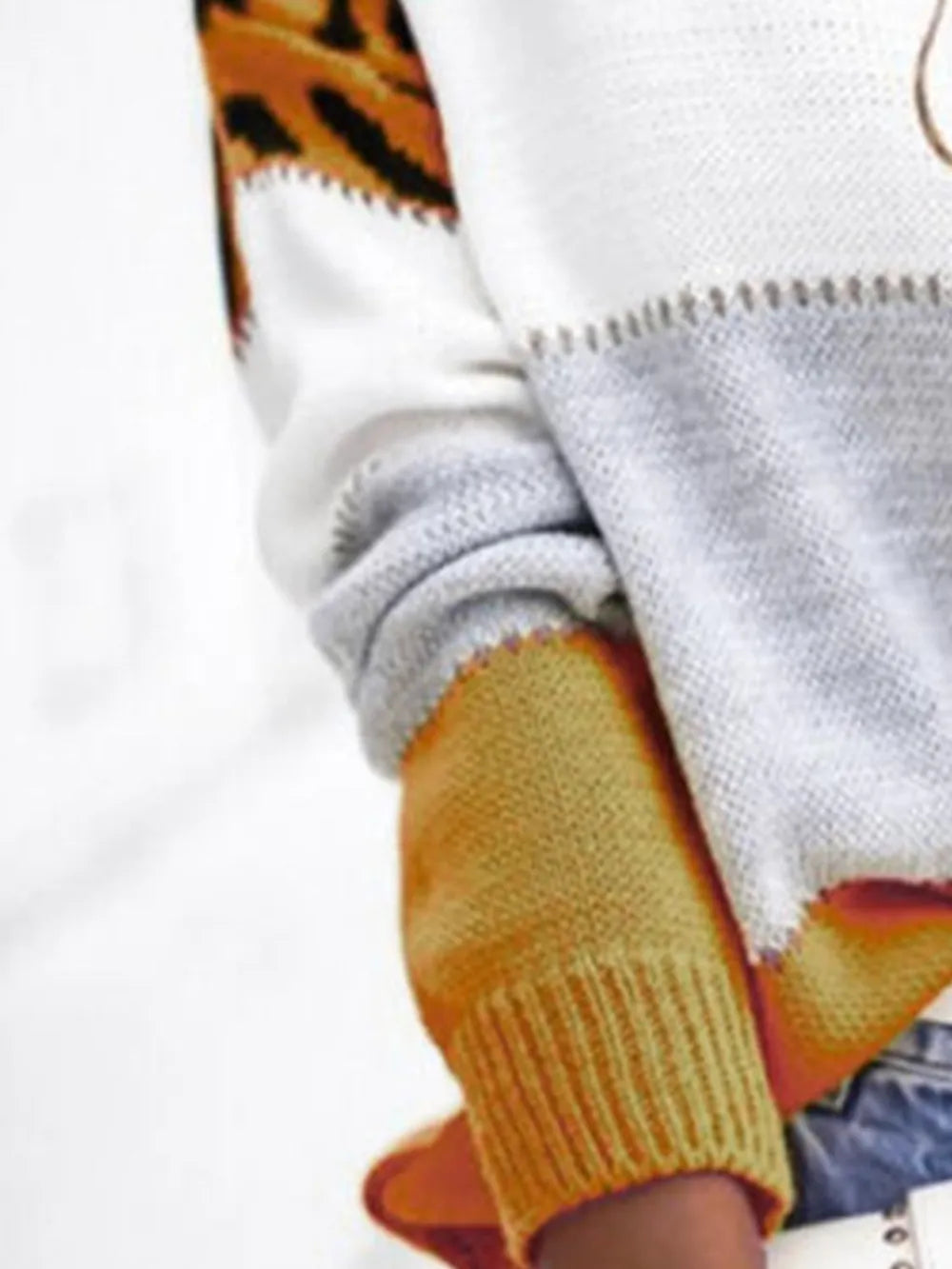 Leopard Color Block Round Neck Long Sleeve Sweater - kinko