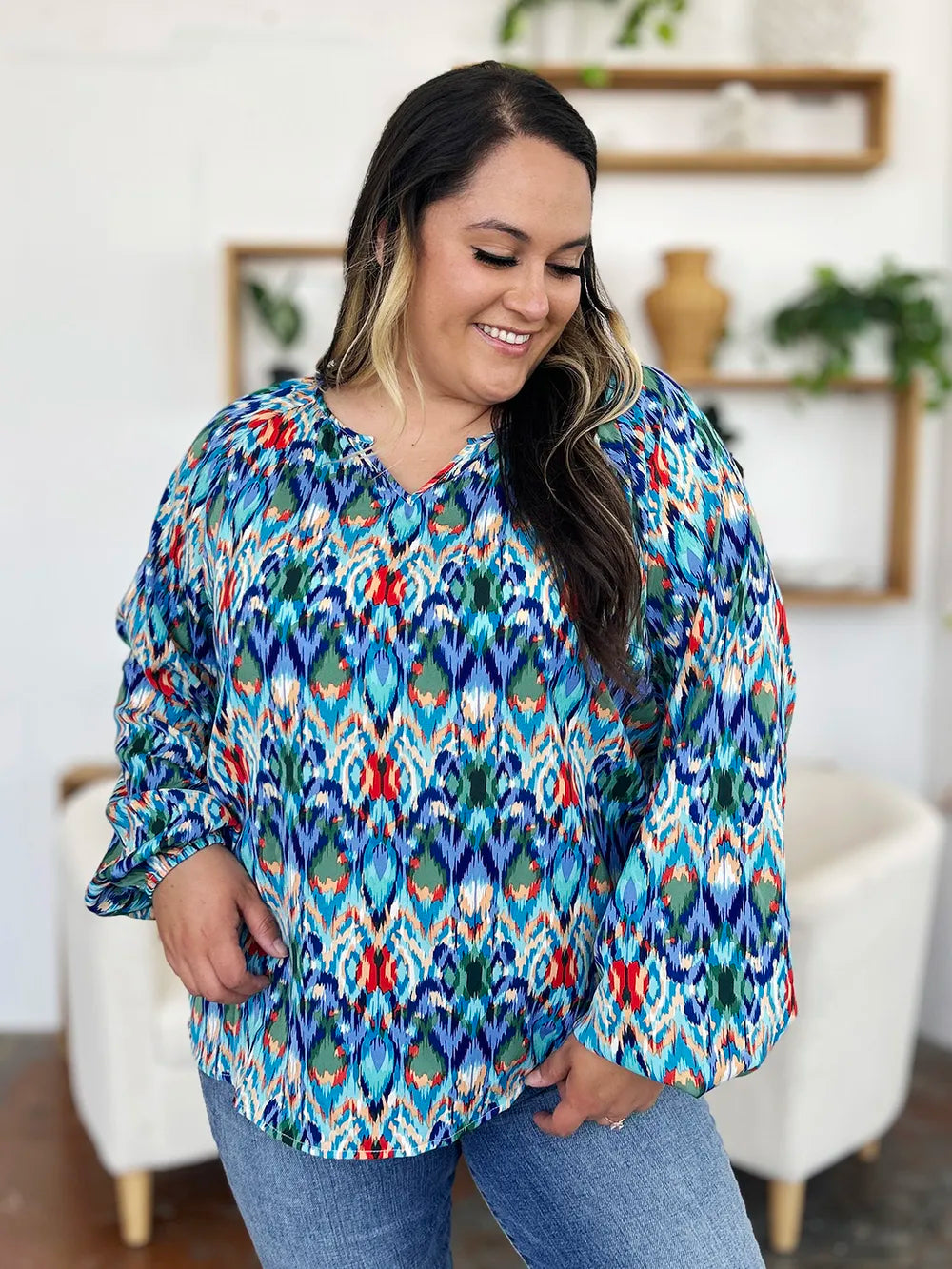 Double Take Full Size Printed Balloon Sleeve Blouse - kinko