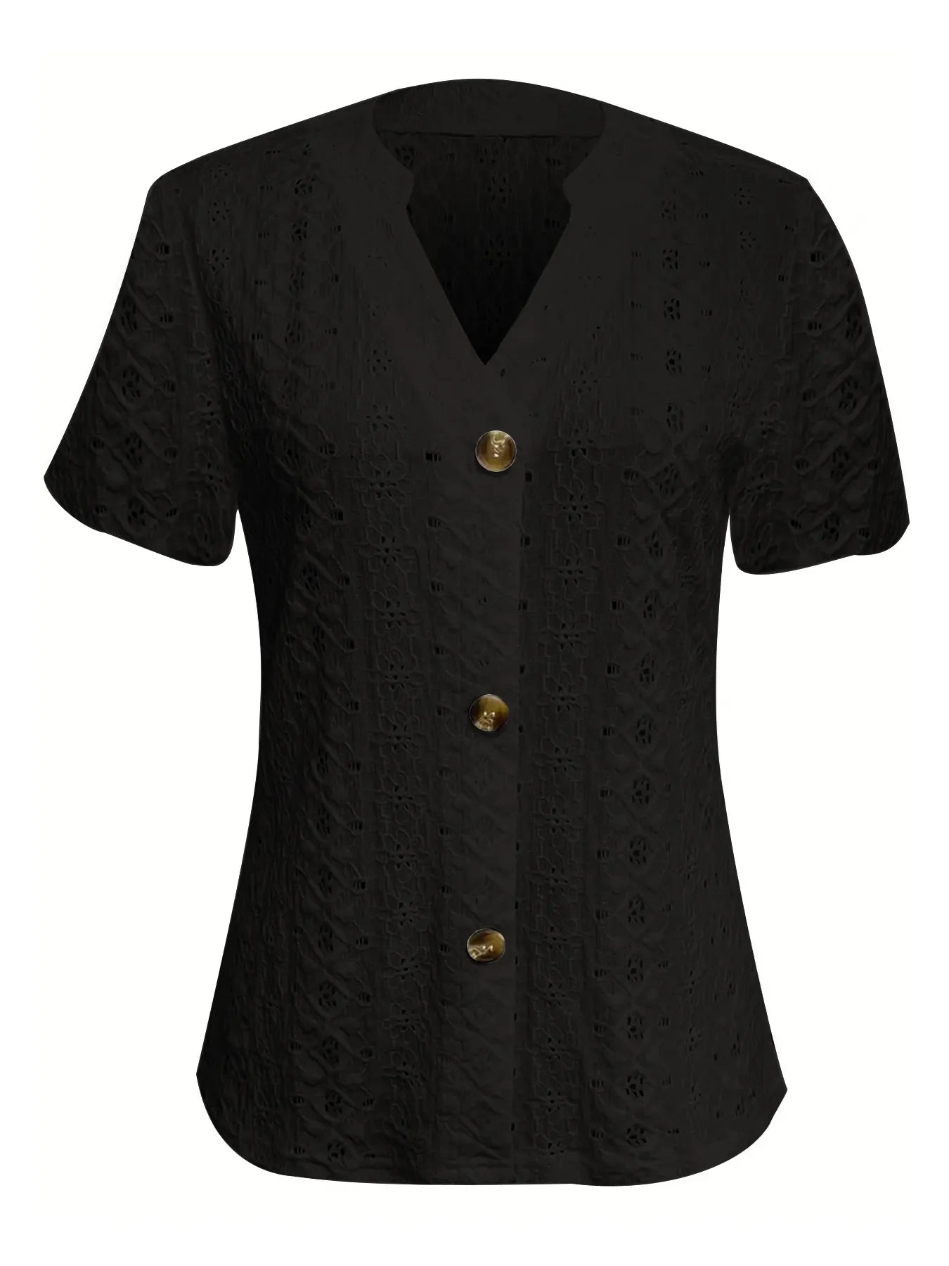 Openwork Notched Short Sleeve Top - kinko