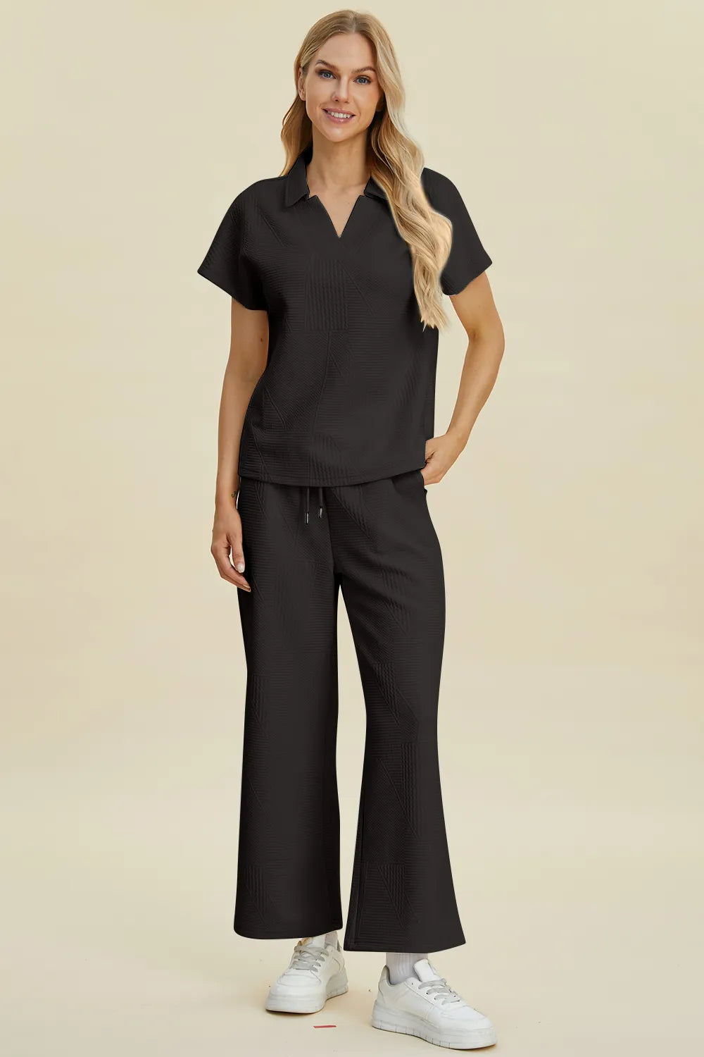Double Take Full Size Collared Neck Short Sleeve Top and Pants Set - kinko