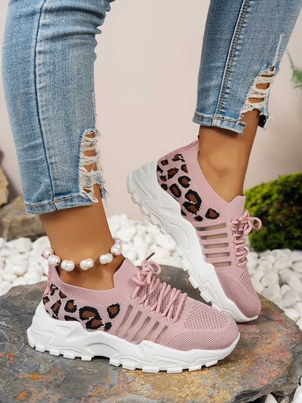 Cutout Leopard Lace Up Mesh Athletic - kinko