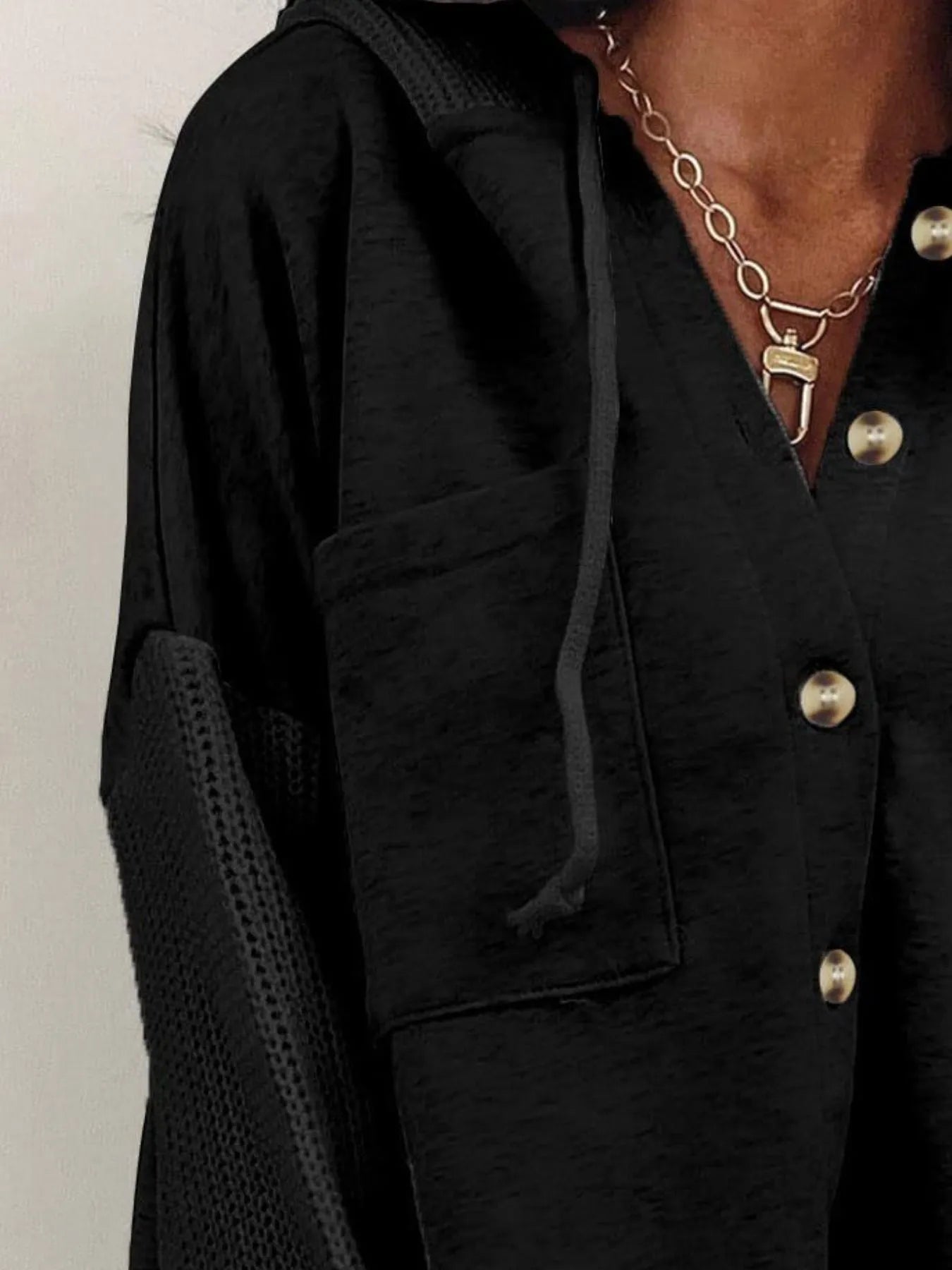 Drawstring Button Front Hoodie - kinko