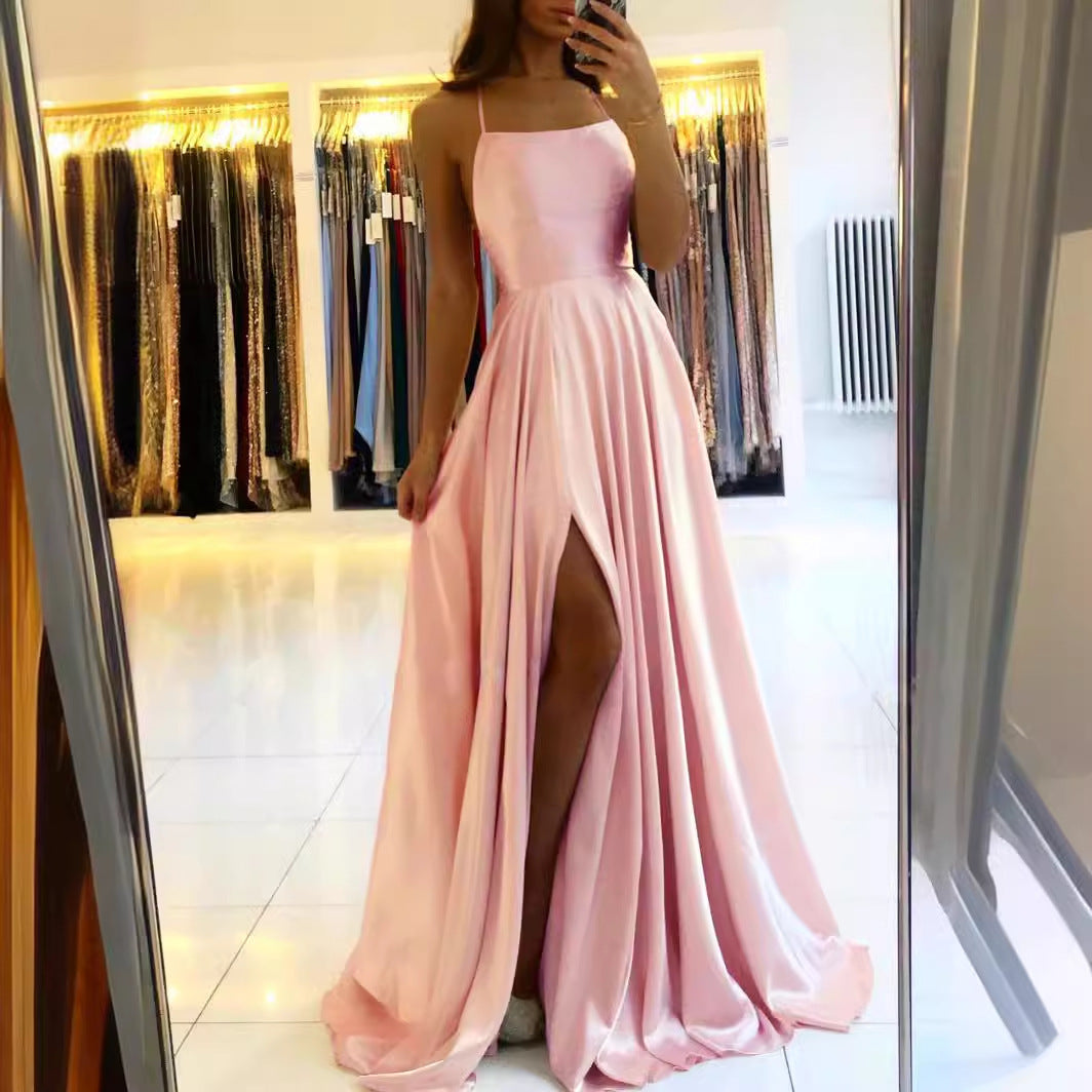 Amazon Long European And American Style Dress Slim Strap Back-to-back Dress High Slit Dance Host Dress - kinko