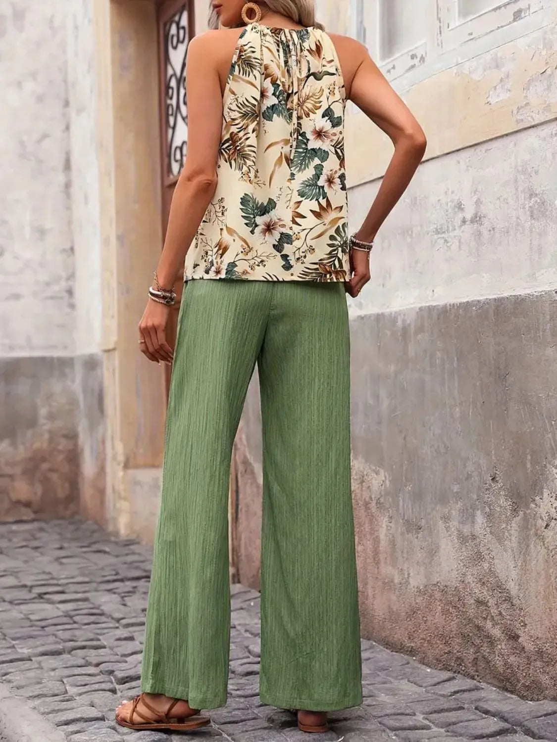 Printed Tank Top and Wide Leg Pants Set - kinko