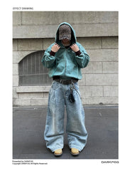 American-style Side Double-oblique Pleated Washed Wide-leg Jeans - kinko
