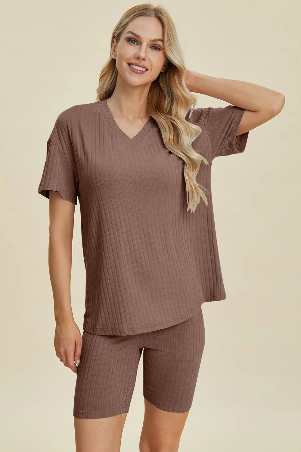 Basic Bae Full Size Ribbed V-Neck Short Sleeve Top and Shorts Set - kinko