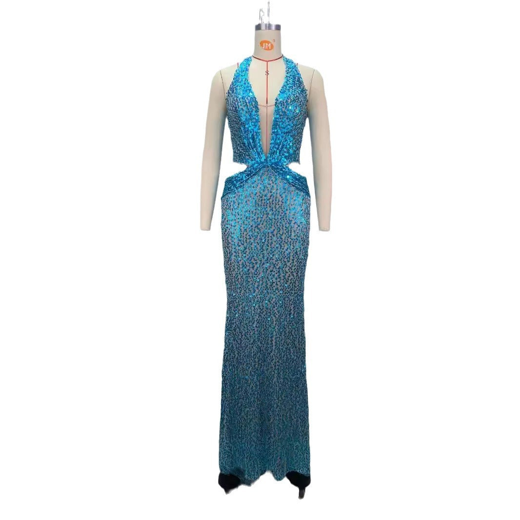 New Halter Deep V-neck Slim Slimming Party Stage Host Hostess Evening Dress - kinko