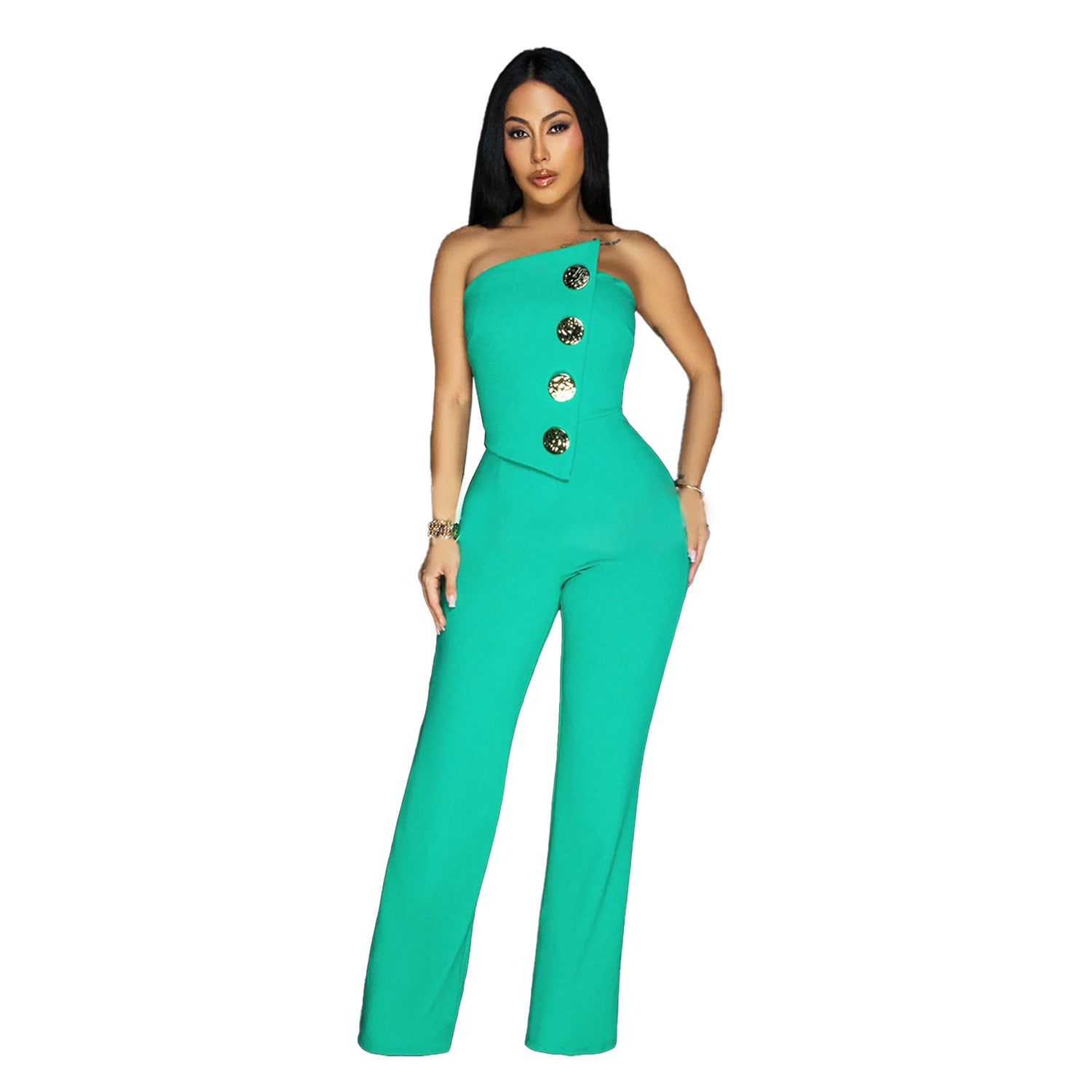European And American Fashion Women's Wear Sleeveless Button Jumpsuit Trousers - kinko