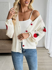 Strawberry Pattern V-Neck Button-Up Cardigan - kinko