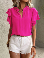 Ruffle Sleeve Notched Blouse - kinko