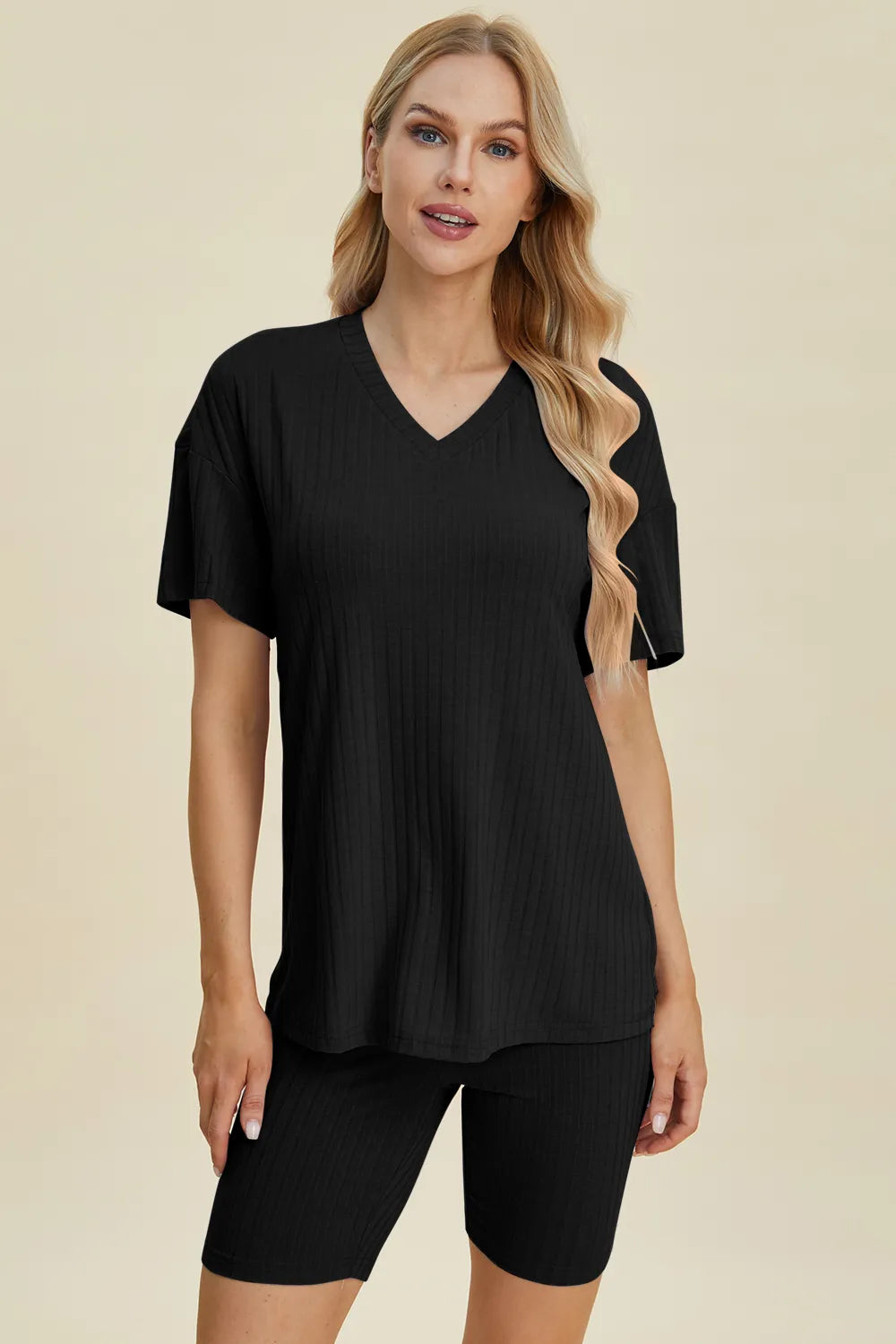 Basic Bae Full Size Ribbed V-Neck Short Sleeve Top and Shorts Set - kinko