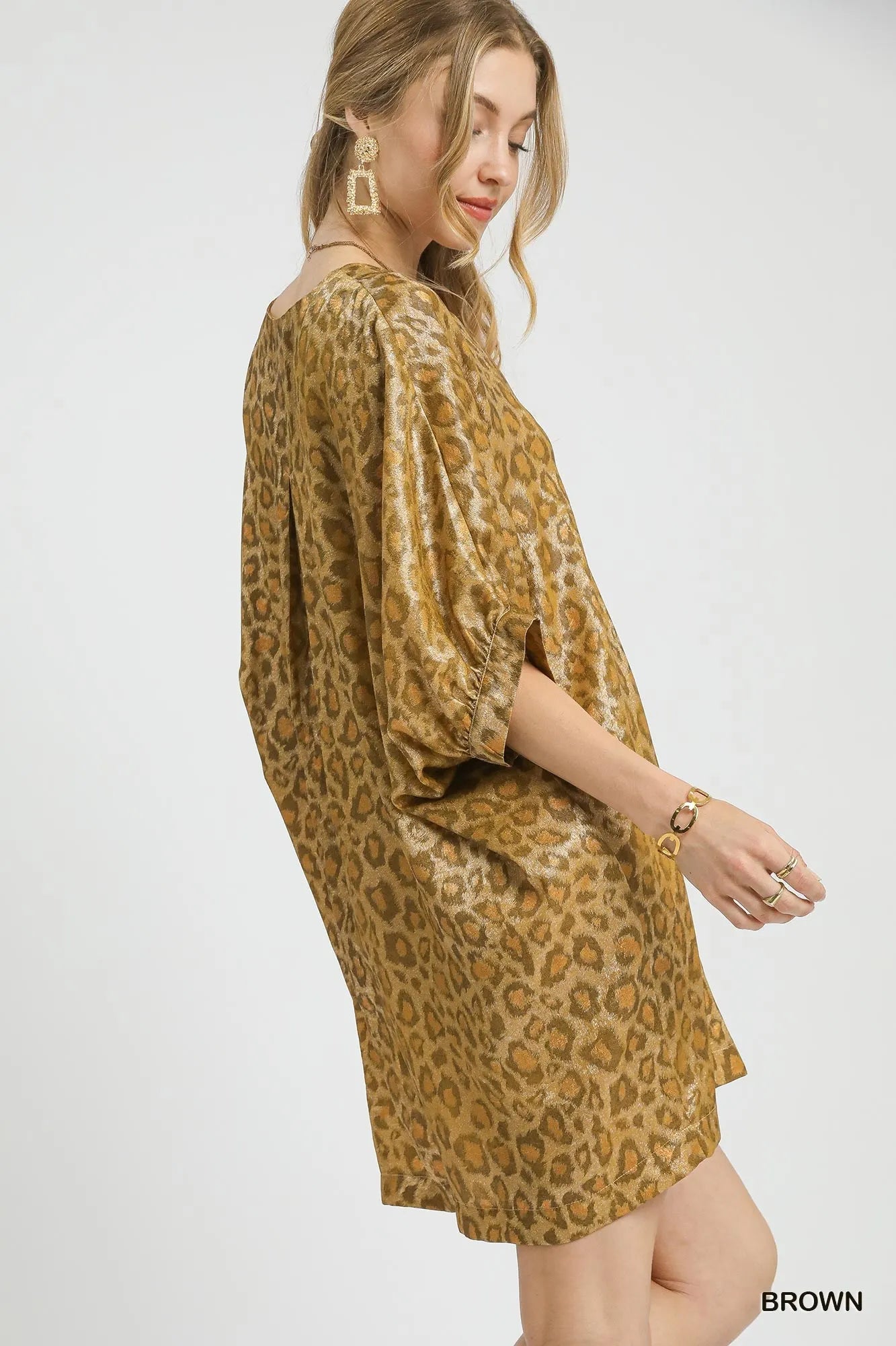Umgee Metallic Leopard Print V-Neck Kimono Dress - kinko