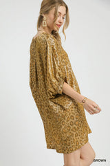 Umgee Metallic Leopard Print V-Neck Kimono Dress - kinko