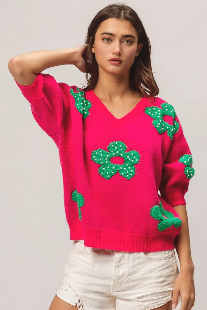BiBi Pearl Beads Flowers Sweater Top - kinko