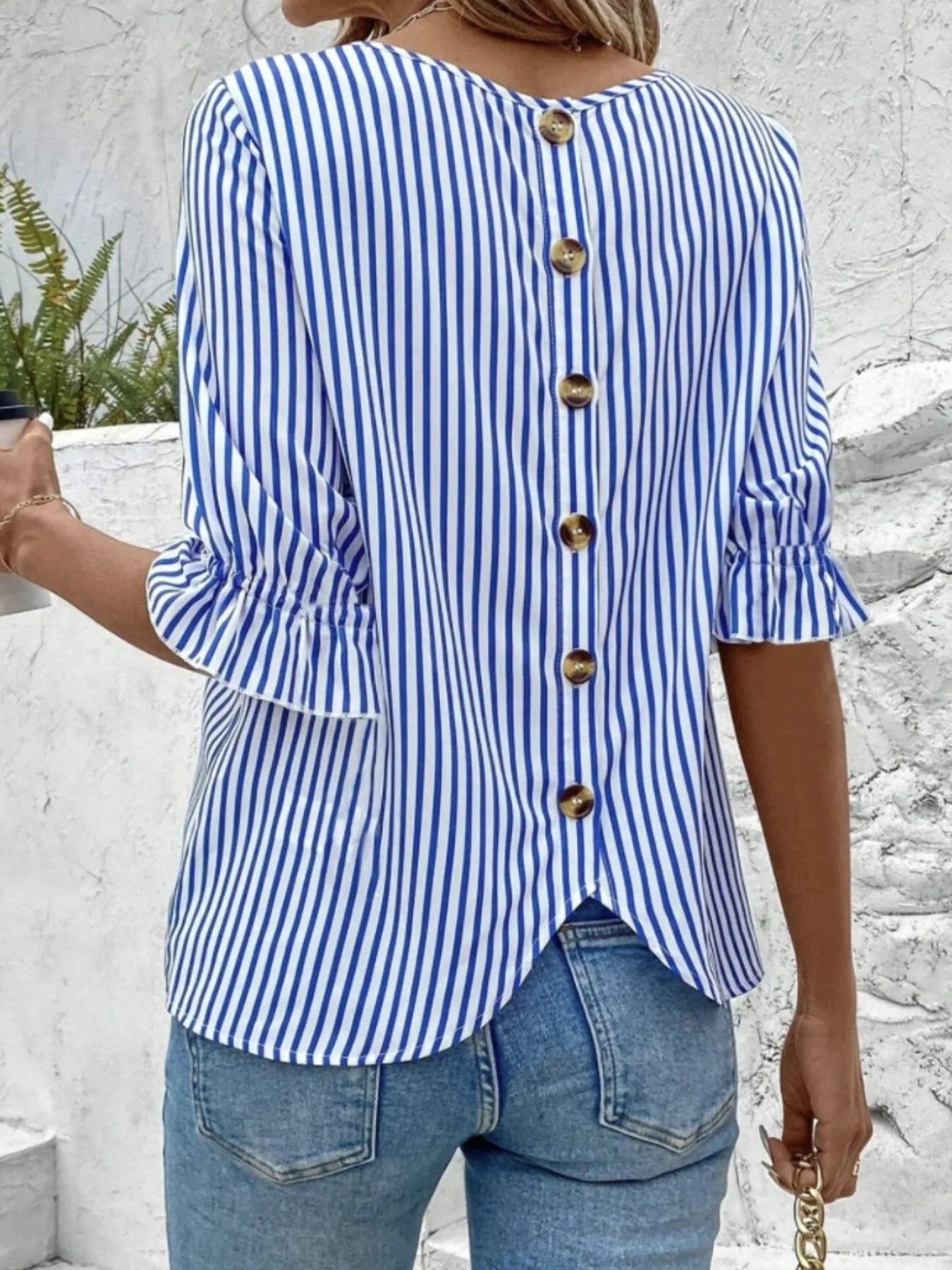 Striped Round Neck Half Sleeve Casual Blouse - kinko