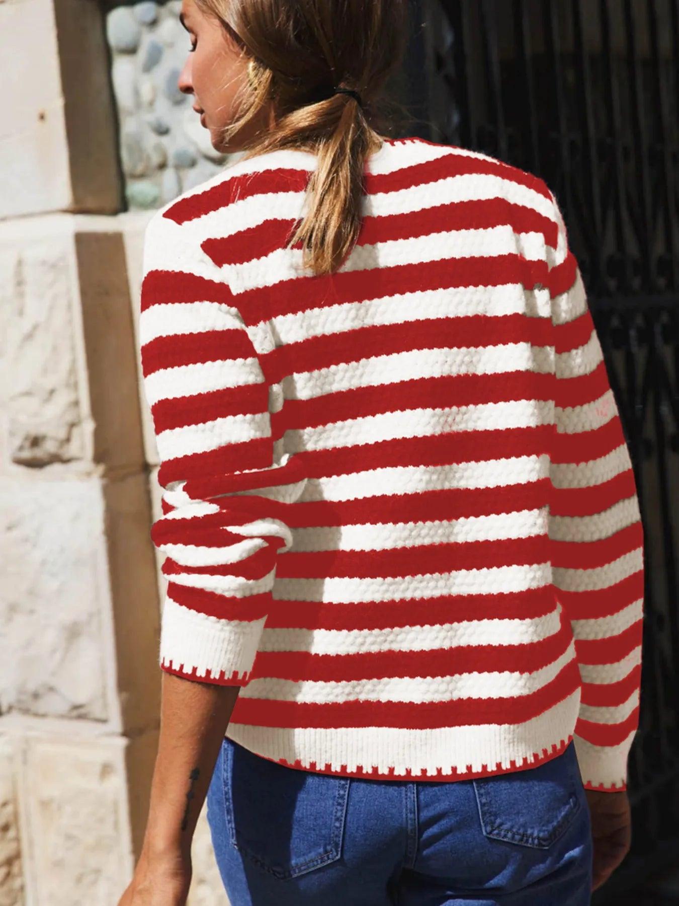 Button Down Striped Long Sleeve Cardigan - kinko